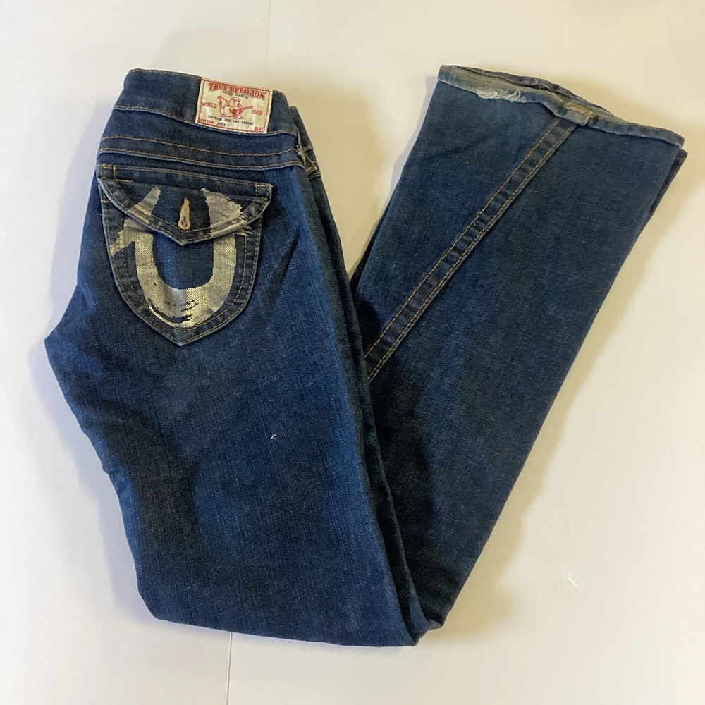 True Religion Dark Wash Joey Jeans With Silver Horse Shoe Accents.